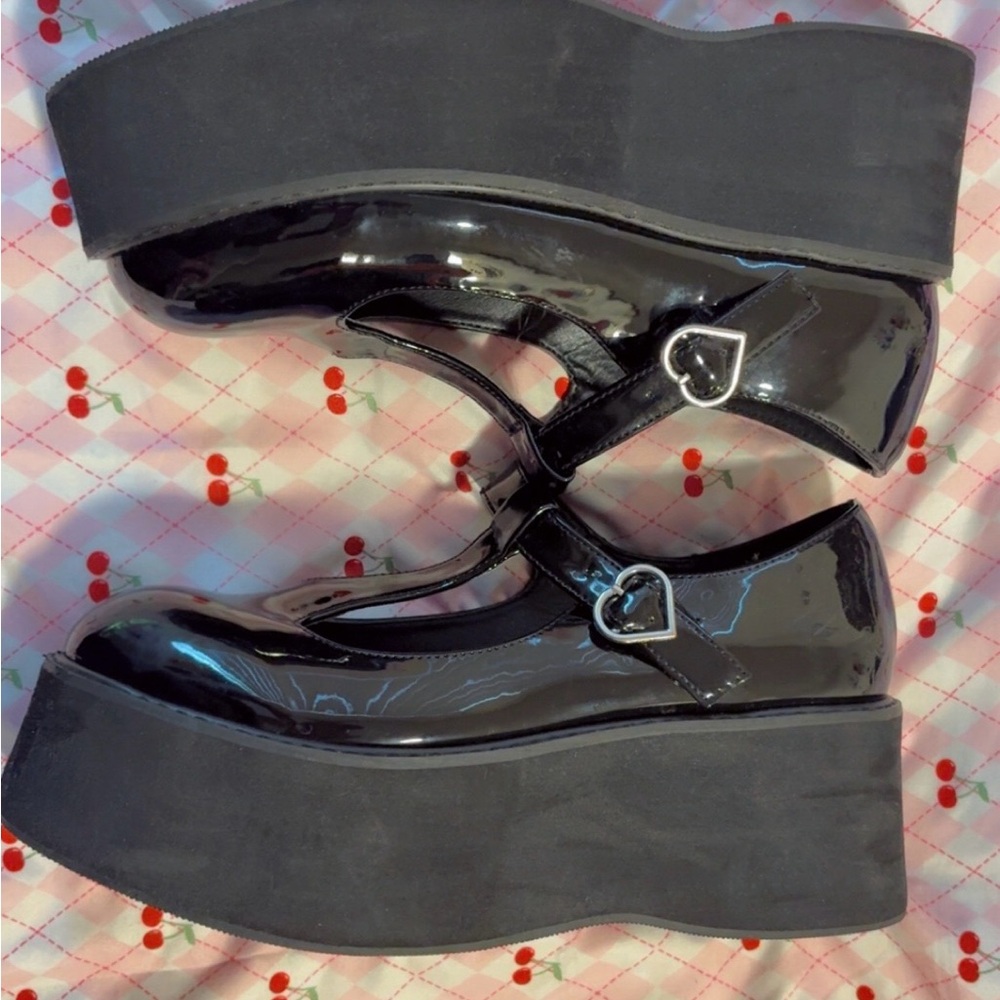 Koi Black Platform Mary Jane Shoes with Heart Buckles